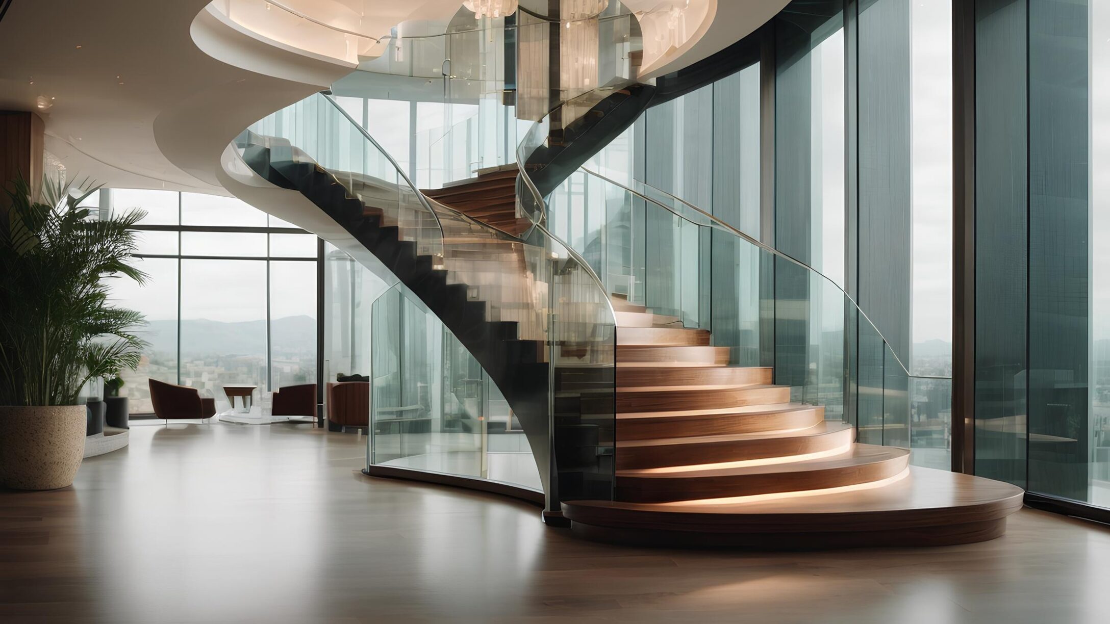 Modern staircase glass railings